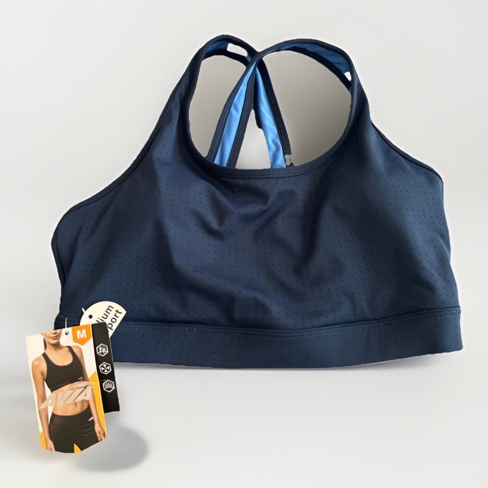 Avia Sports Bra Womens Medium 8-10 Criss Cross Navy‎ Blue Athleisure Support NWT